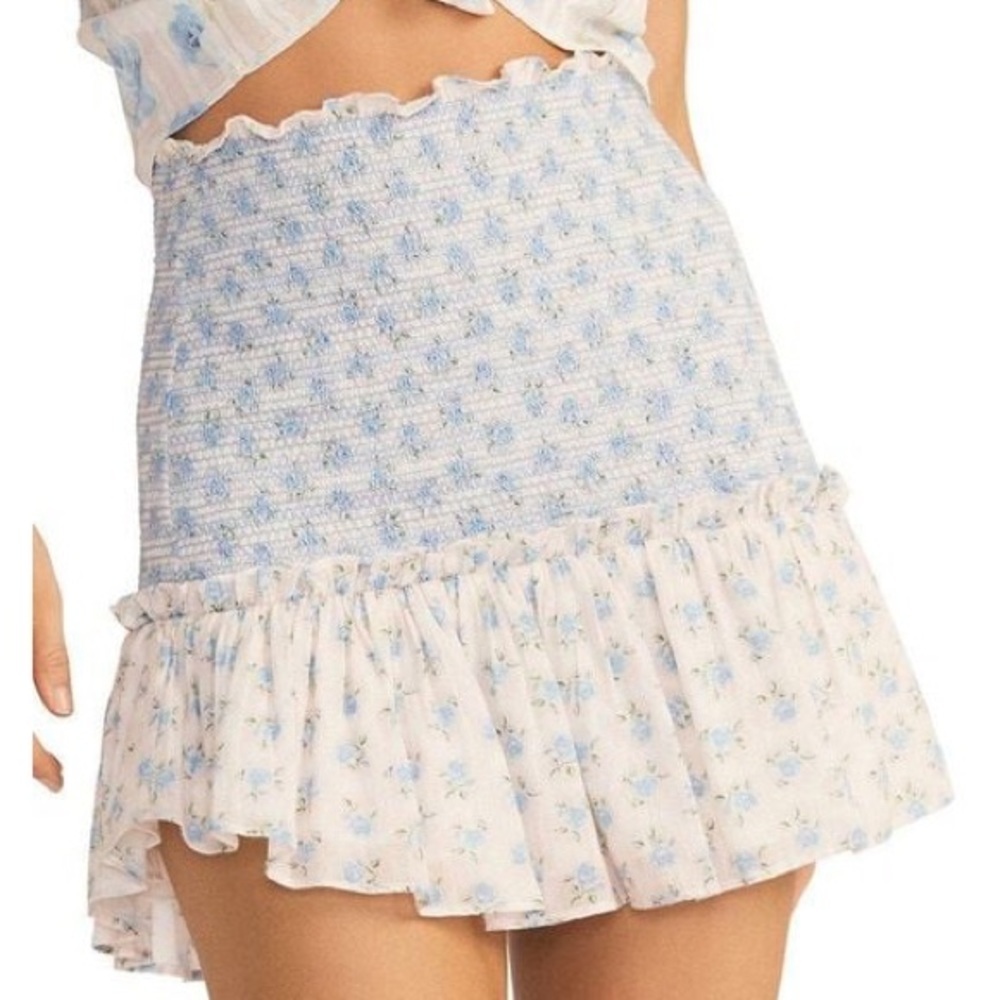 NEW LOVESHACKFANCY Roux Smocked Floral Skirt POWDER BLUE Ruffle Edge Large